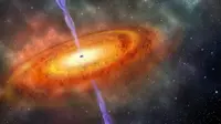 Ilustrasi lubang hitam raksasa atau supermassive black hole yang berjarak 13 miliar tahun cahaya dari Bumi (Robin Dienel/Carnegie Institution for Science)