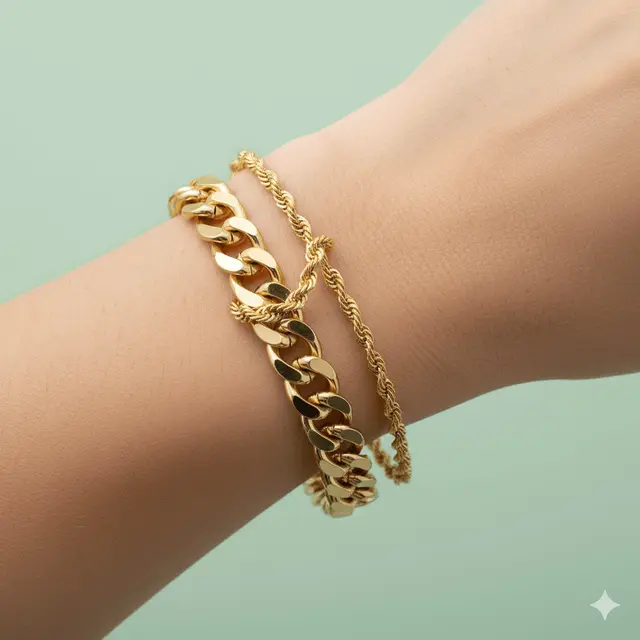 Gelang Emas Desain Layer Dua Tingkat dengan Kombinasi Rantai Berbeda by Gemini