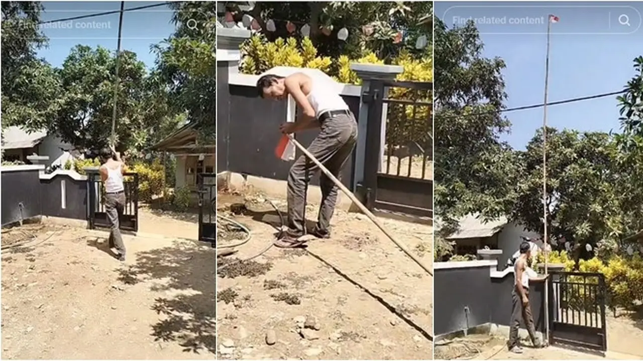 Momen Bapak Pasang Bendera Kecil Tapi Pakai Tiang Panjang Banget, Bikin Ngakak