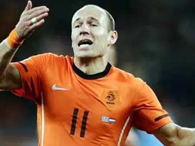 Selebrasi gol winger Belanda Arjen Robben ke gawang Uruguay di semifinal PD 2010 di Green Point Stadium, Cape Town, 6 Juli 2010. Belanda unggul 3-2. AFP PHOTO / JEWEL SAMAD 