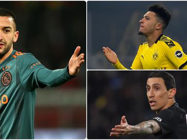 Pemain anyar Chelsea, Hakim Ziyech, dikenal sebagai raja assist di kompetisi liga Eredivise. Selain Ziyech ada beberapa pemain top lainnya yang memiliki kehebatan dalam memberikan assist. Berikut Hakim Ziyech dan 5 raja assist di liga top Eropa musim ini. (kolase foto AFP)