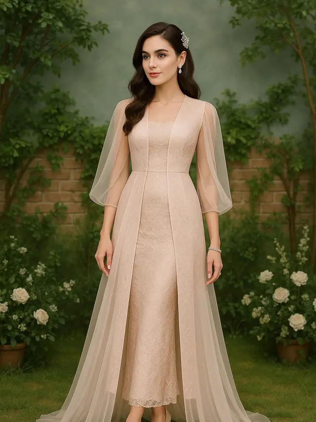 Model Long Dress Brokat Slim Fit dengan Outer Belah Tengah