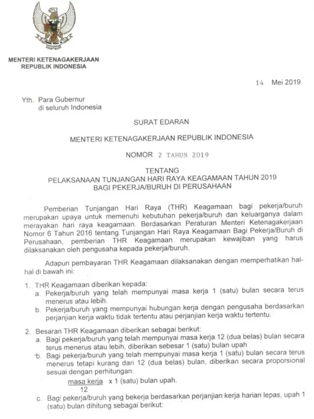 Surat Edaran (SE) Nomor 2 Tahun 2019 tentang Pelaksanaan Tunjangan Hari Raya (THR) Keagamaan Tahun 2019.