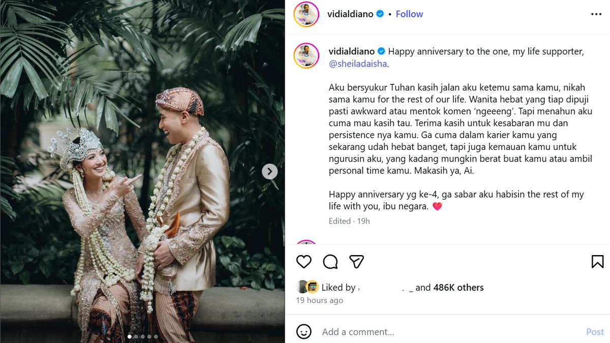 Vidi Aldiano Ucap Terima Kasih Penuh Haru pada Ultah Ke-4 Pernikahan, Sheila Dara Merespons Pakai 2 Kata