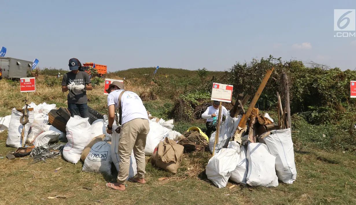 Para relawan mengumpulkan sampah di pantai timur ancol, Jakarta, Minggu (18/8/2019). Dalam rangka merayakan HUT ke-74 RI, Pandu Laut Nusantara, KKP, Yayasan Econusa bersama puluhan komunitas pecinta laut dan influencer lainnya akan menggelar gerakan Menghadap Laut 2.0. (Liputan6.com/Herman Zakharia)