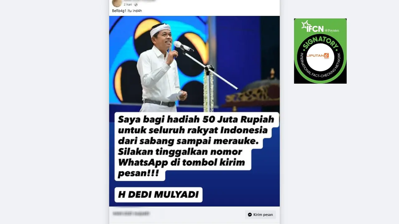 Tangkapan layar klaim Gubernur Jabar Dedi Mulyadi membagikan hadiah Rp 50 juta kepada masyarakat dari Sabang sampai Merauke yang beredar di Facebook.