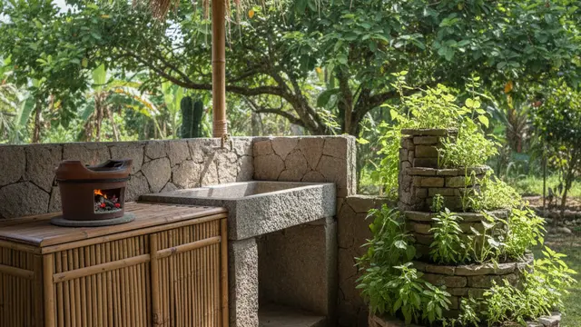 Inspirasi Desain Dapur Semi Terbuka Menyatu dengan Kebun Sayur Mini. AI