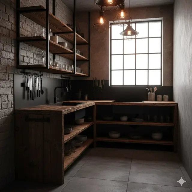 Inspirasi Dapur Kecil Modern dengan Rak Besi Terbuka dan Countertop Kayu