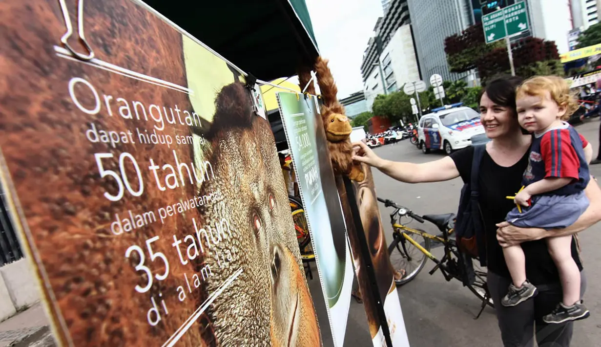 Warga tampak melihat poster berisi kampanye penyelamatan orangutan di Jalan Sudirman, Jakarta, Minggu (30/11/2014).(Liputan6.com/Faizal Fanani)