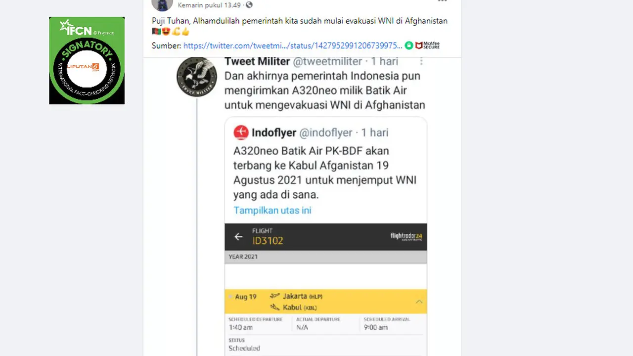 Cek Fakta Liputan6.com menelusuri informasi Batik Air menjemput WNI di Afganistan