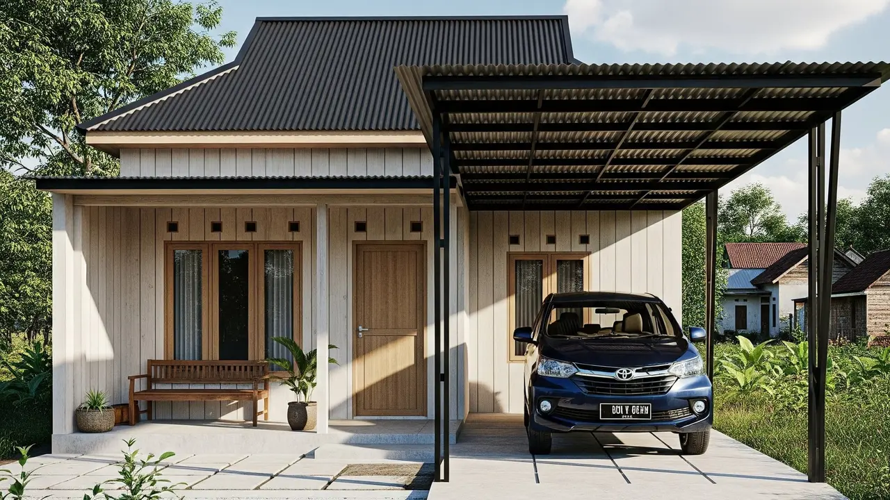 Desain Rumah 8x8 Sederhana 3 Kamar Ada Garasi (Carport)