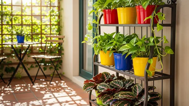 Ide Teras Rumah Kecil Estetik Pakai Pot Tanaman Warna-Warni (AI)