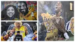 Satu tahun berlalu saat kepergian bintang basket NBA LA Lakers, Kobe Bryant bersama putrinya, Gianna dalam sebuah kecelakaan helikopter di Los Angeles, California, 26 Januari 2020. Karya seni berupa lukisan mural dipersembahkan untuk mengenang sang bintang. (Kolase Foto AFP)