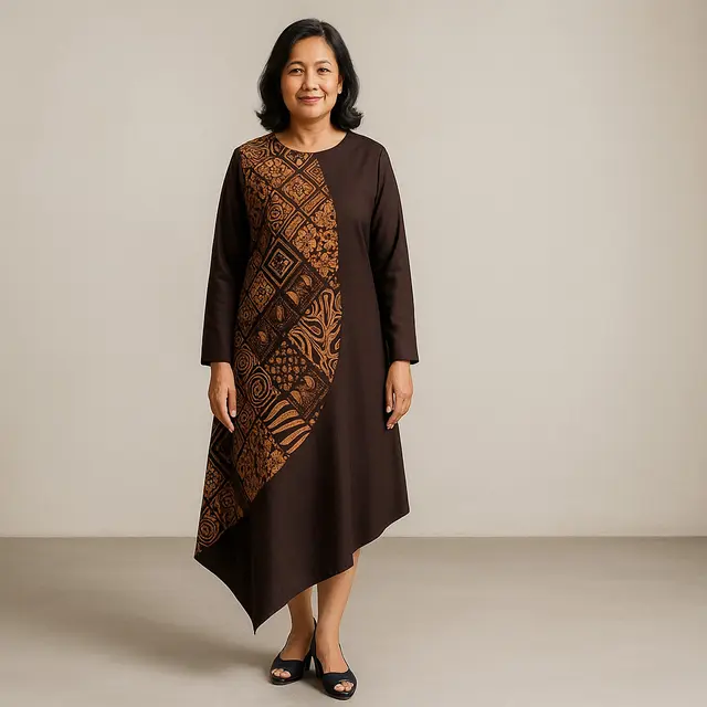 Model Dress Batik Kombinasi Polos Lengan Panjang untuk Ibu-ibu 50 Tahun/Ilustrasi gambar oleh AI