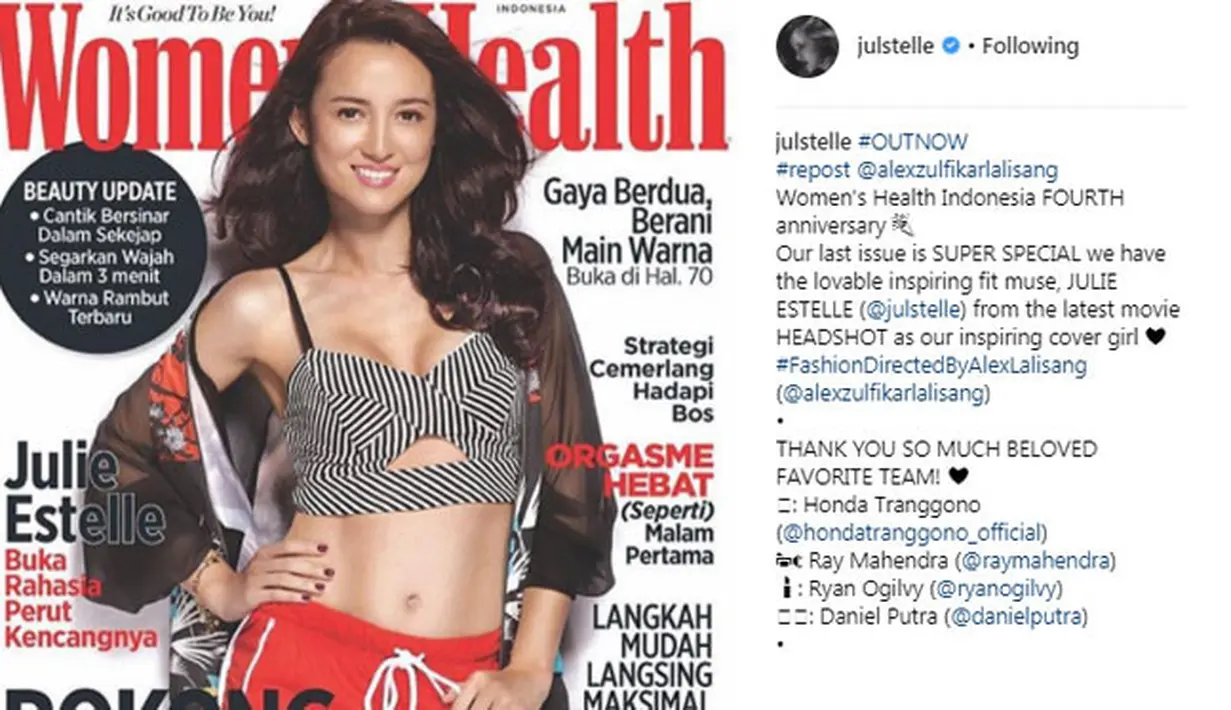 Lantaran tuntutan peran, Julie Estelle pun rajin olahraga bersama Iko Uwais. Lantaran rutin berolahraga dan ngegym, perut Julie pun jadi menjadi seksi dan berotot. (instagram.com/julstelle)