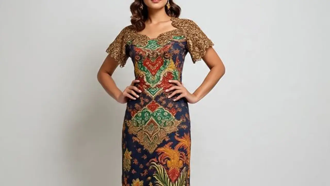Ilustrasi Model Dress Batik Kombinasi Brokat Lengan Pendek (Sumber Gambar: Meta AI)
