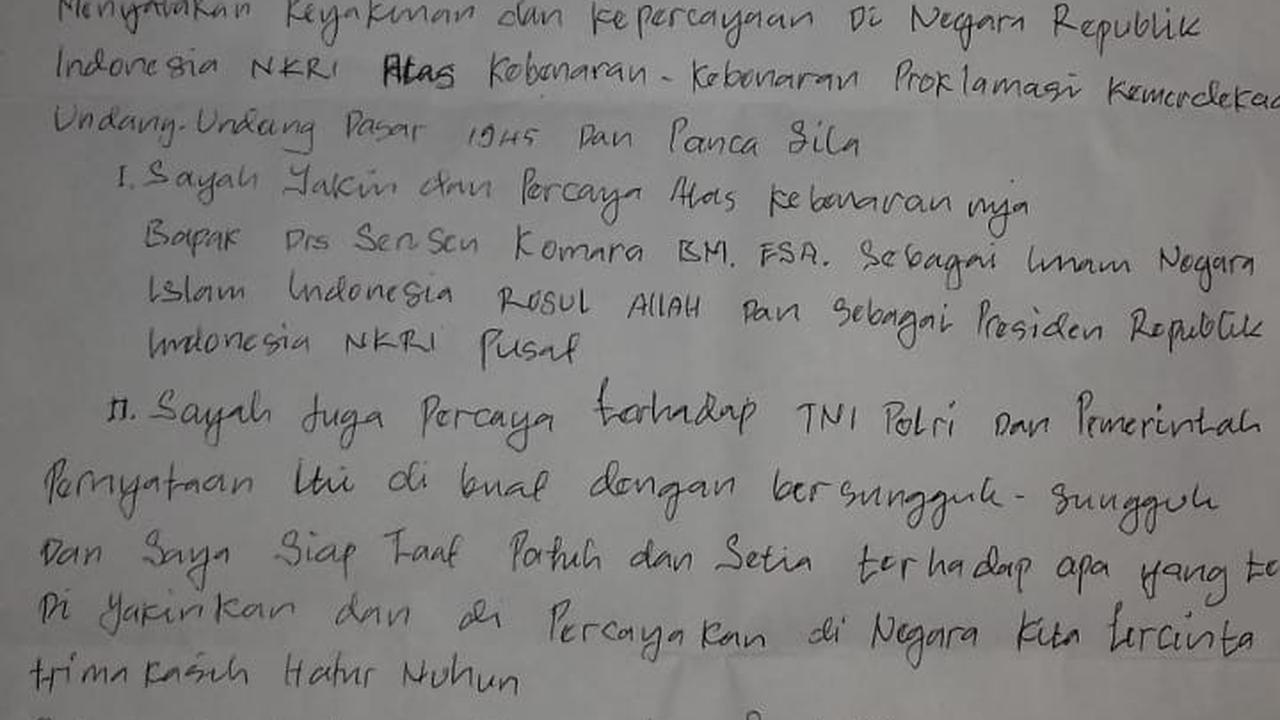 Surat pernyataan pengikut nabi palsu Sensen di Garut menyatakan jika Sensen sebagai presiden pusat negara kesatuan NKRI