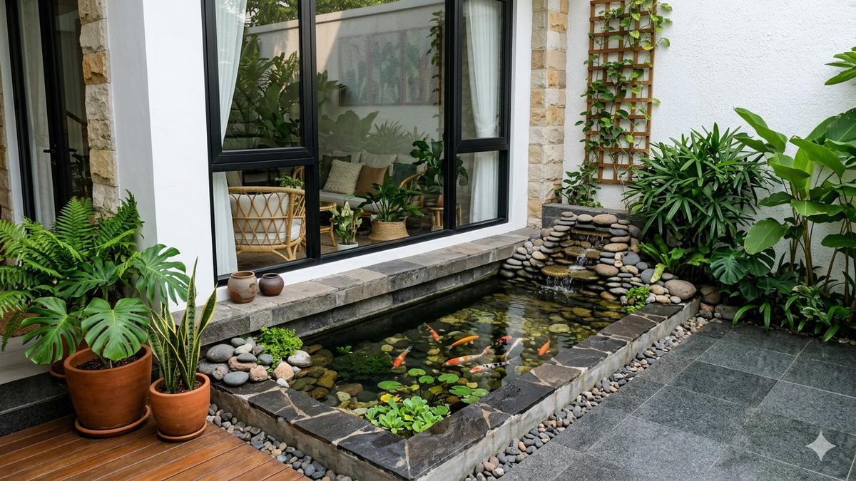 8 Desain Kolam Ikan Bawah Jendela Ruang Tamu yang Estetik dan Hemat Tempat, Menenangkan Hati