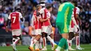 Kemenangan Manchester City yang sudah di depan mata harus buyar pada menit ke-90+11. Gol Leandro Trossard usai mengonversi umpan Bakayo Saka membuat skor menjadi 1-1. (AP Photo/Kirsty Wigglesworth)