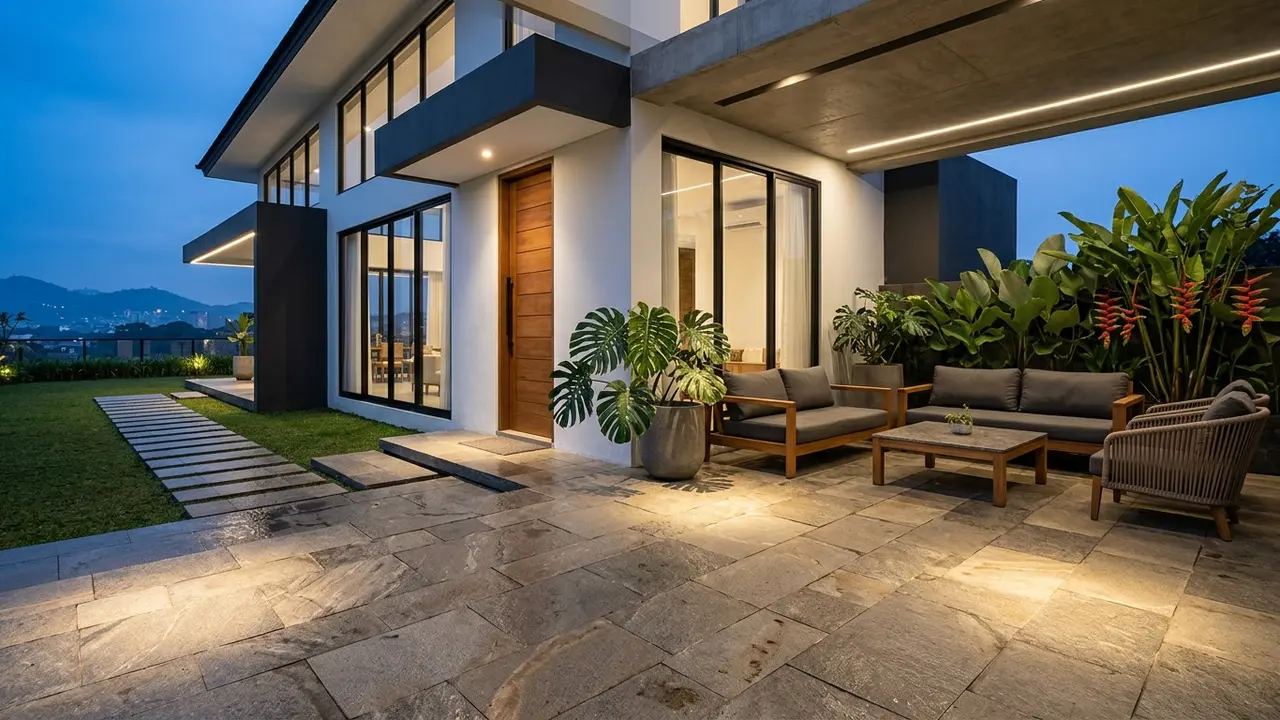 Lantai Batu Alam yang Bikin Teras Rumah Minimalis Terlihat Mewah (AI Generated)