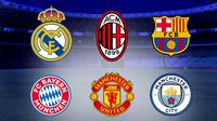 Liga Champions - Logo Real Madrid, AC Milan, Bayern Munchen, Barcelona, MU, dan Man City (Bola.com/Salsa Dwi Novita)