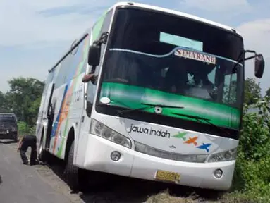 Citizen6, Surabaya: Bus Jawa Indah jurusan Surabaya-Semarang terperosok dikedalam tambak ikan bandeng/ udang di Gresik. karena ingin mendahului kendaraan yang ada didepannya, dari kejadian tersebut penumpang sontak berteriak ketakutan. (Pengirim: Andre)
