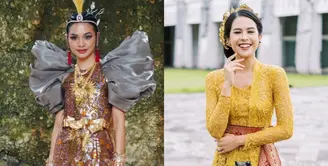 Jadi juru bicara di KTT G20, Maudy Ayunda tampil cantik pakai kebaya Bali rancangan Didiet Maulana.