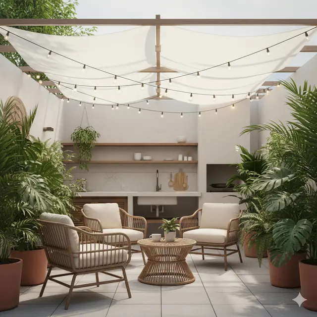 Desain Dapur Sekaligus Ruang Santai Outdoor di Rumah Tropis Sempit. Gemini