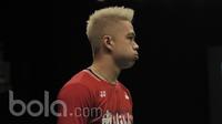 Pebulutangkis INdonesia, Kevin Sanjaya Sukamuljo, saat berhadapan dengan pasangan Denmark, Kim Astrup/Anders Skaarup Rasmussen di Indonesia Open 2017 di JCC, Selasa (14/6/2017. Indonesia kalah  dua gim langsung 16-21, 16-21.  (Bola.com/M Iqbal Ichsan)