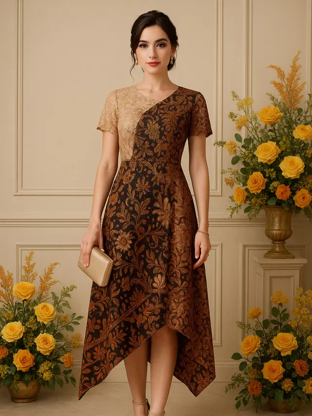 Model Dress Batik Kombinasi Brokat Lengan Pendek