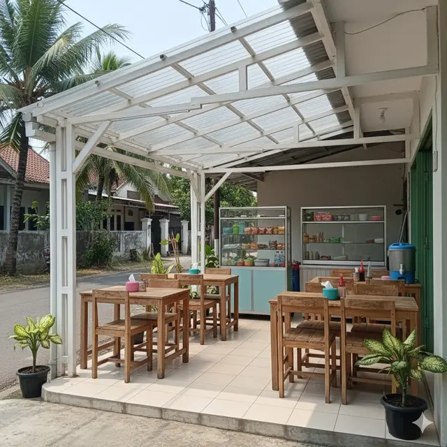 Desain Teras Rumah Kombinasi Baja Ringan Cocok untuk Warung Kecil. Gemini