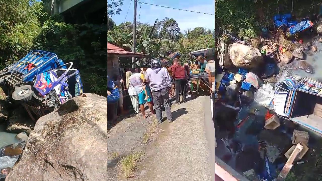 Sebuah truk terjun ke jurang di Jalan Lintas Barat (Jalinbar), Pesisir Barat, Lampung. Foto : (Istimewa).
