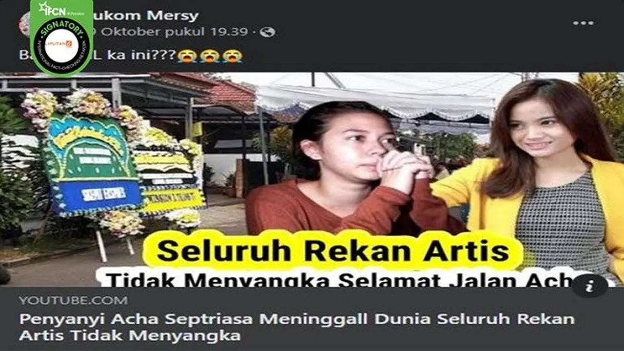 Gambar Tangkapan Layar Kabar Hoaks Acha Septriasa Meninggal Dunia pada 29 Oktober 2021 (sumber: Facebook).