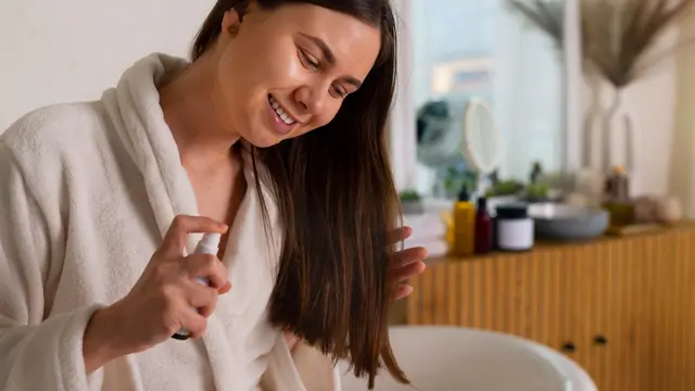 Seorang perempuan sedang menyemprotkan produk perawatan rambut ke pangkal rambutnya (Foto Dok: Freepik/freepik)