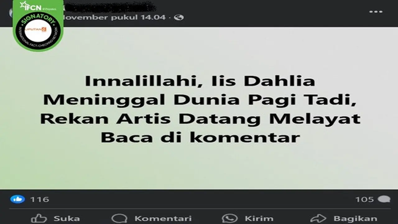 Gambar tangkapan layar kabar tentang penyanyi dangdut Iis Dahlia meninggal dunia pada 8 November 2024. (sumber: Facebook)