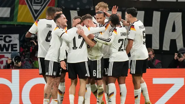 Selebrasi Timnas Jerman usai menjebol gawang Timnas Slovakia di Grup A Kualifikasi Piala Dunia 2026 zona Eropa, Selasa (18/11/2025) dini hari WIB. (AP Photo/Matthias Schrader)