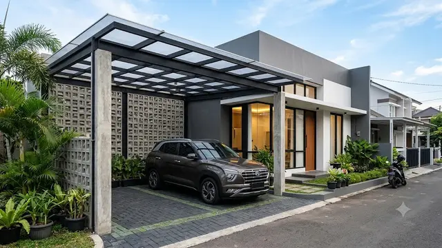 Desain Carport dengan Roster dan Kanopi Baja Ringan (AI Generated)