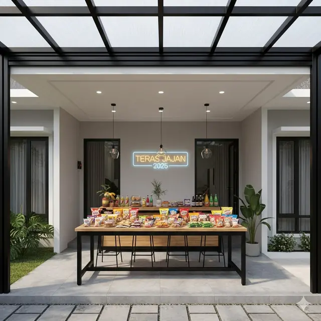 Model Teras Terbuka dengan Meja Panjang untuk Jualan Makanan Ringan 2025