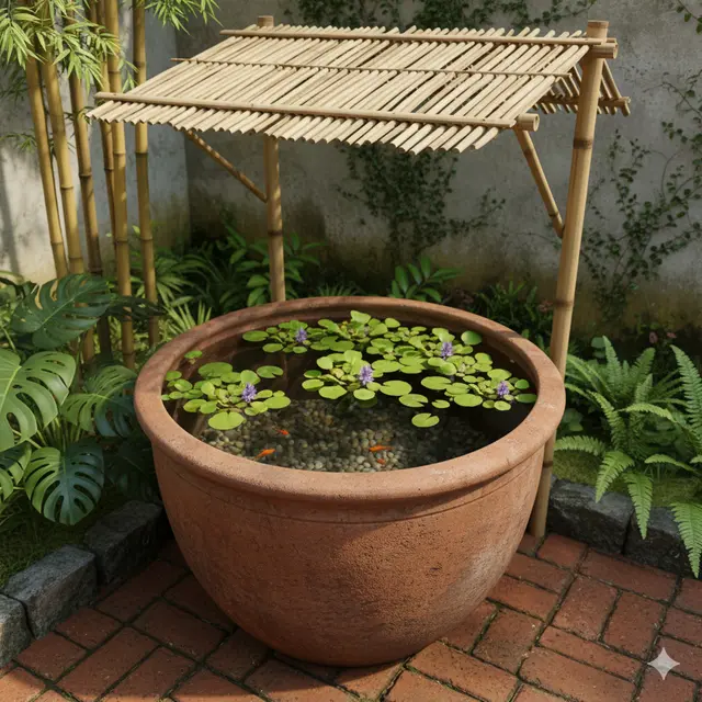 7 Desain Kolam Ikan Mini dari Gentong Tanah Liat, Kreasi Natural yang Menyejukkan