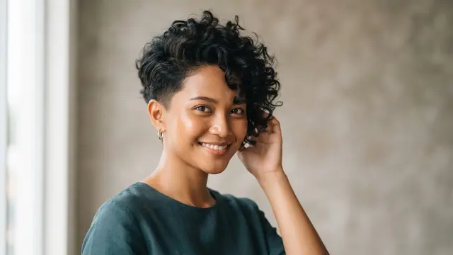 Potongan rambut pendek wanita keriting yang tidak bikin wajah bulat model curly crop dengan bagian atas terarah