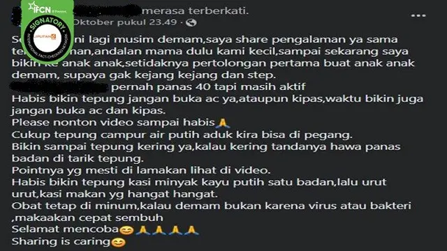 Gambar Tangkapan Layar Klaim Menempelkan Tepung Beras di Tubuh Bisa Meredakan Demam pada Anak (sumber: Facebook).