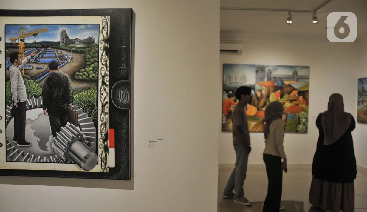 Salah satu karya lukis yang ditampilkan dalam pameran "Antara Kecemasan dan Harapan" di Gedung D Galeri Nasional Indonesia, Jakarta Pusat, Minggu (7/5/2023). (merdeka.com/Iqbal S Nugroho)