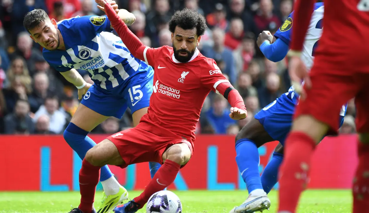 Gol Mohamed Salah pada menit ke-65 menjadi penentu kemenangan Liverpool atas Brighton. (AP Photo/Rui Vieira)