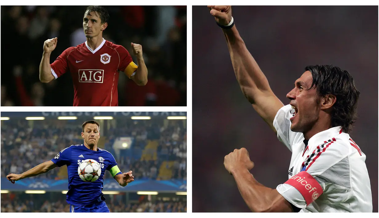 9. Paolo Maldini (AC Milan), Gary Neville (Manchester United) dan John Terry (Chelsea) - Total penampilan ketiganya, masing-masing sebanyak 109. Setelah pensiun dari masing-masing klub, Gary Neville dan John Terry sempat mencoba peruntungan menjadi pelatih.