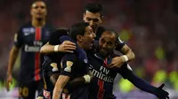 Para pemain Paris Saint-Germain merayakan gol ke gawang OSC Lille pada final Piala Liga Prancis di Stade de France, Saint-Denis, Sabtu (23/4/2016). (AFP/Franck Fife)