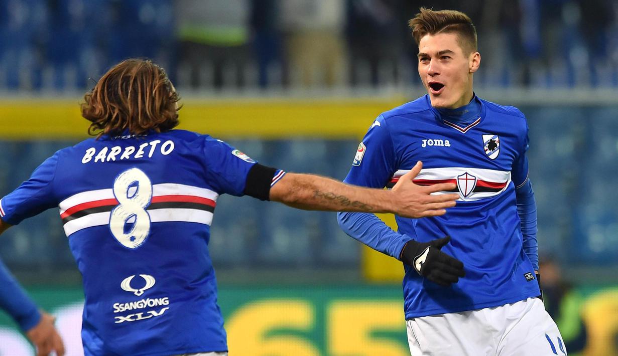 Striker Sampdoria, Patrik Schick, melakukan selebrasi usai mencetak gol ke gawang Torino pada laga lanjutan Serie A di Stadion Luigi Ferraris, Genoa, (04/12/2016). (EPA/Simone Arveda)