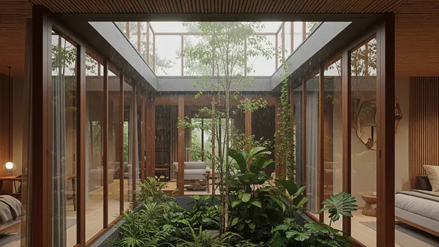 Model Rumah Modern Kaca dengan Taman Indoor Atrium/ Ilustrasi AI
