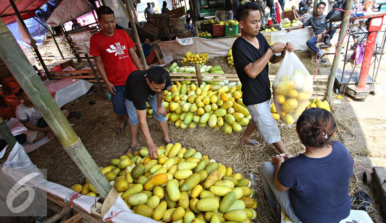 Sejumlah pembeli memilih timun suri di Pasar Induk Kramat Jati, Jakarta, (8/6). Selama bulan Ramadan, timun suri menjadi salah satu buah yang banyak dicari warga sebagai menu berbuka puasa, dengan harga Rp6 ribu perkilo. (Liputan6.com/Immanuel Antonius)