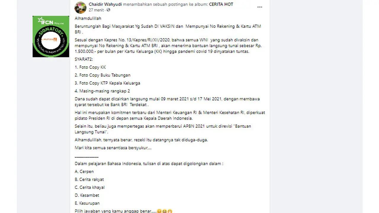 Cek Fakta Liputan6.com menelusuri informasi pemilik rekening BRI yang telah divaksin mendapat bantuan langsung sebesar Rp 1,5 juta