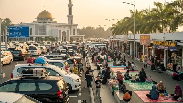 Pemudik Istirahat di Rest Area yang Penuh